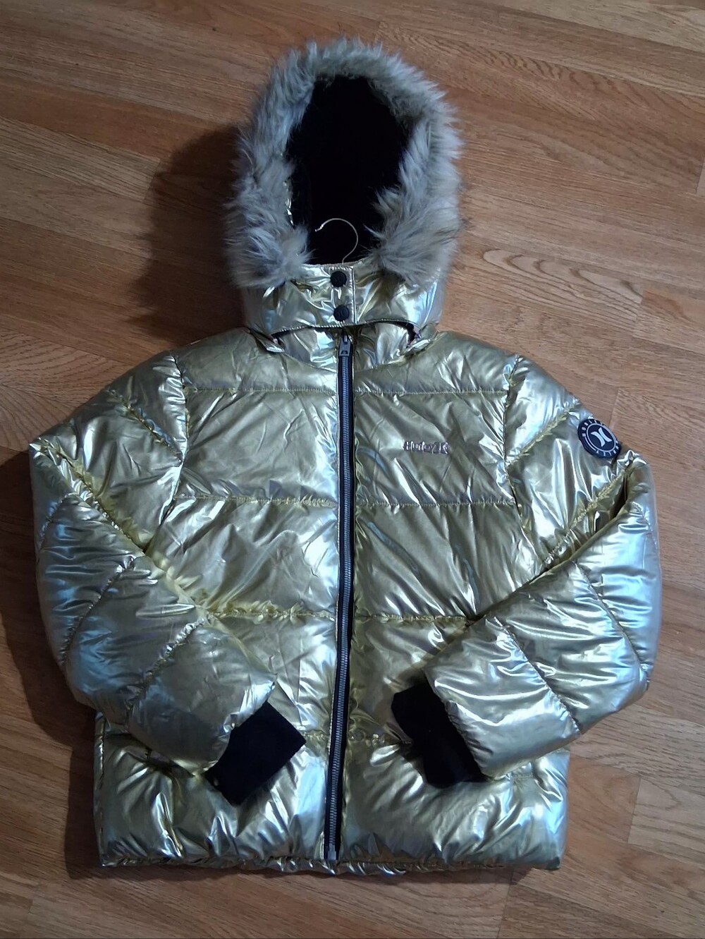 Hurley Metallic Gold Puffer Jacket with Faux Fur Hood - Kids